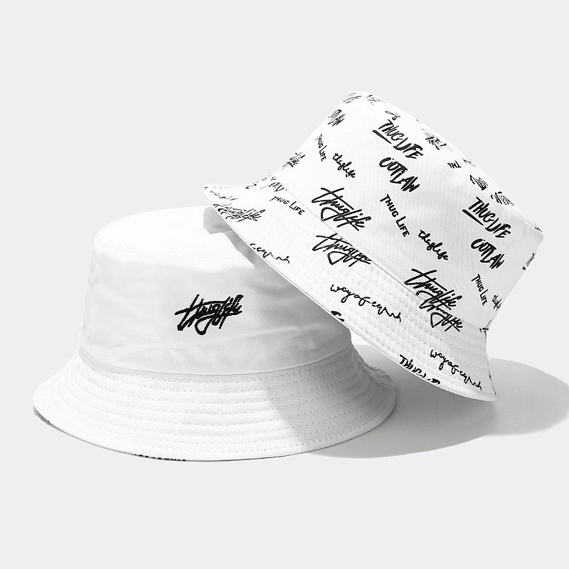 Fashion Designer Reversible Custom Logo Allover Printed and Embroidered Cotton Fisherman Bucket Hat with Private Brand Label