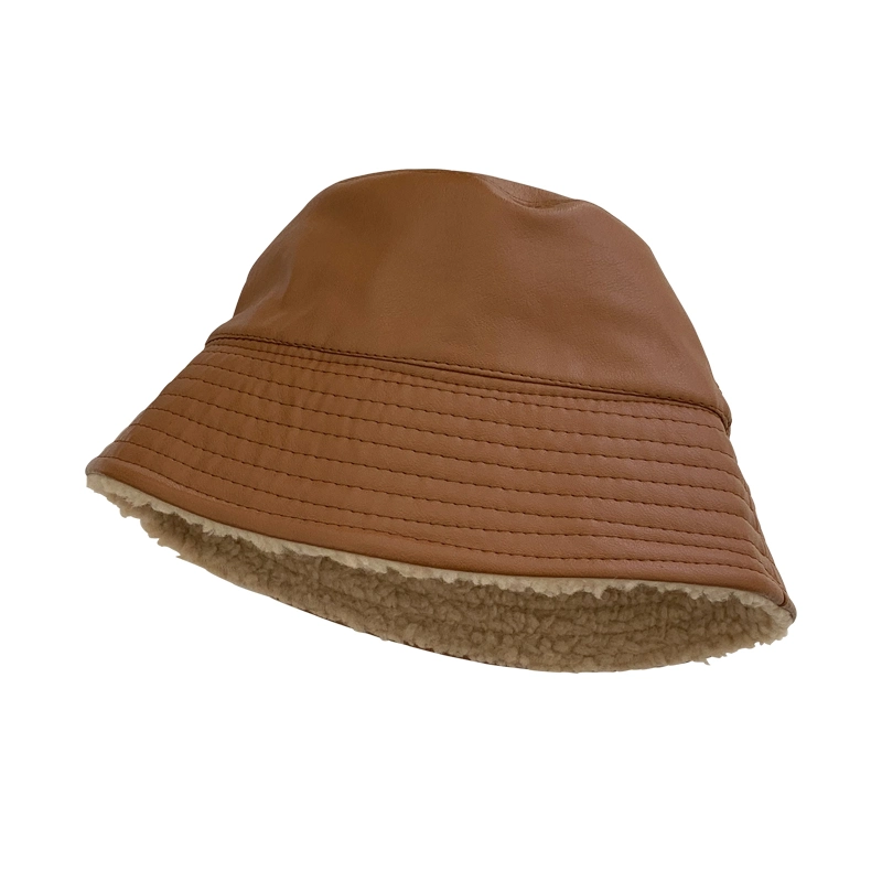 Wholesale Manufacturer Custom Double Sides Leather Lambswool Winter Warm Unisex Bucket Hat Fisherman Hat