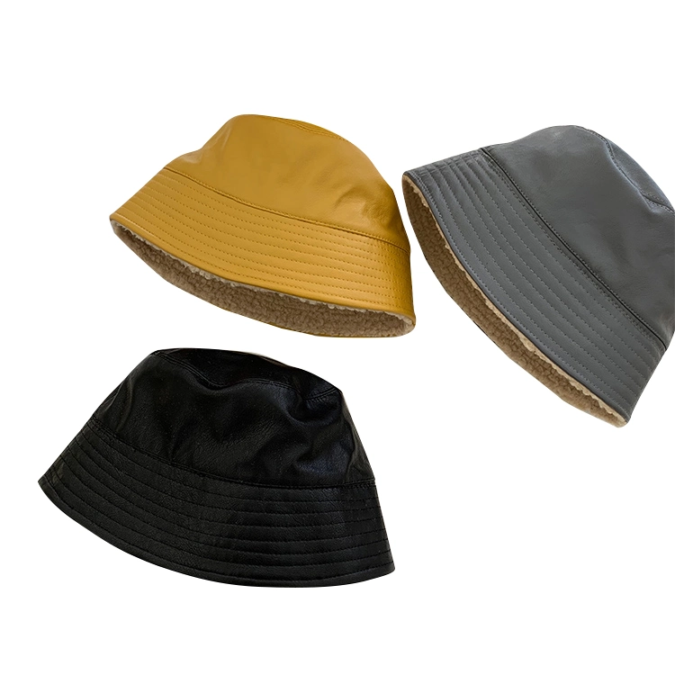 Wholesale Manufacturer Custom Double Sides Leather Lambswool Winter Warm Unisex Bucket Hat Fisherman Hat