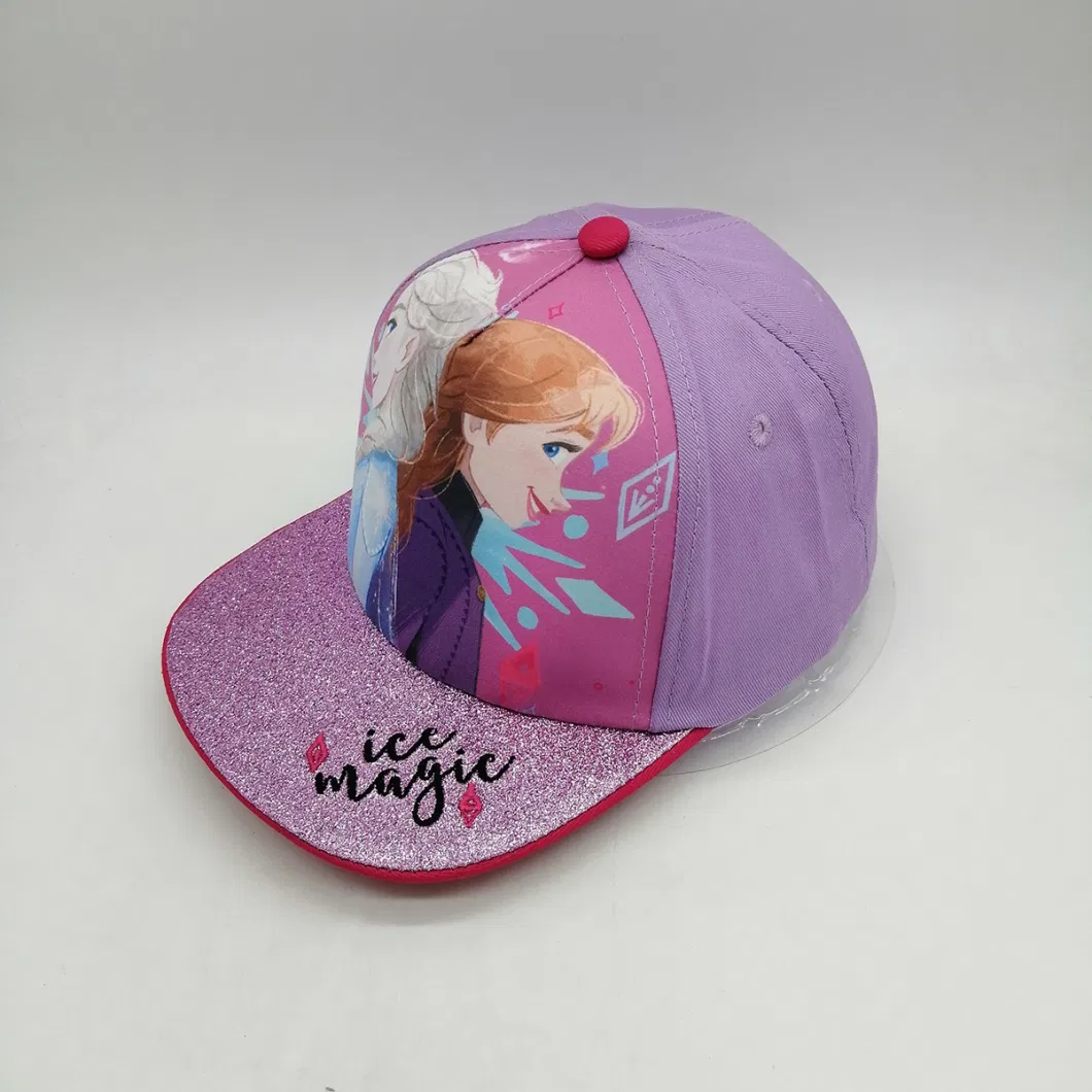 5 Panel Baseball Glitter Flat Bill Custom Printing Girls&prime; Cotton Polyester Snapback Cap with Adjustable Plastic Closure