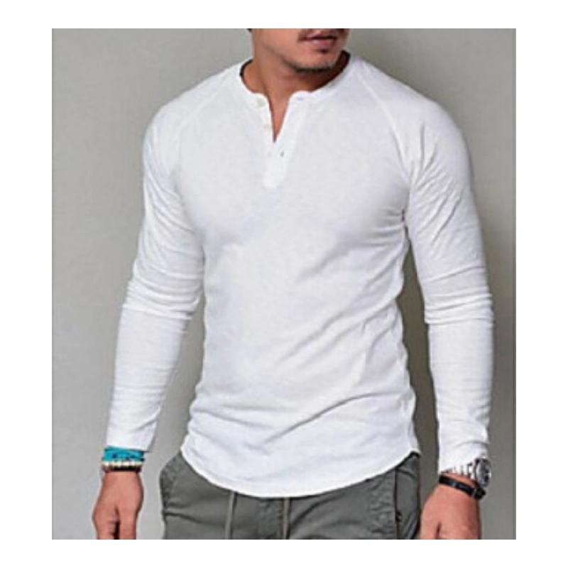 Free Shipping Men&prime;s Muscle Slim Henley Shirts Crewneck Longline T Shirt Tees with Button