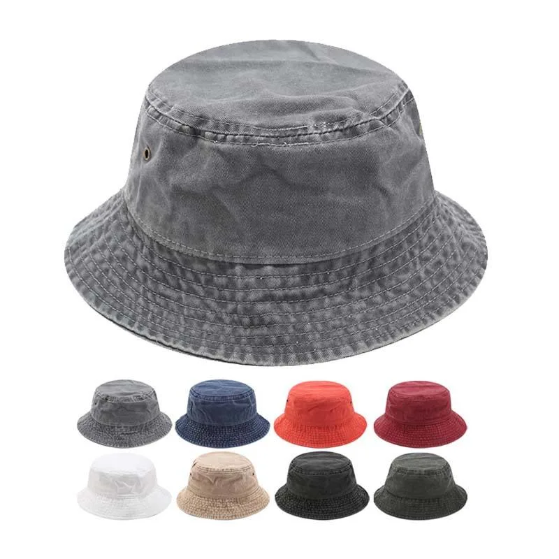 Wholesale Blank Black White Plain Bleached Distressed Washed Cotton Denim Foldable Outdoor Fishing Bucket Hats