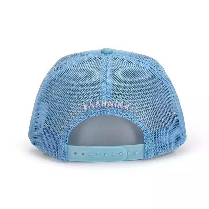 OEM Custom Fashion 5 Panel High Quality Plain Blue Curved Brim 3D Embroidery Logo Mesh Snap Back Suede Gorras Trucker Hat Caps