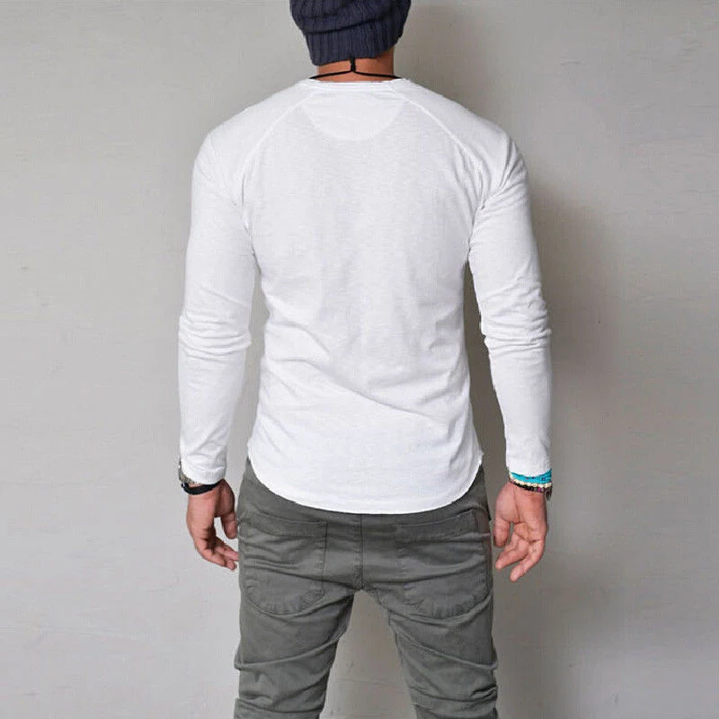 Free Shipping Men&prime;s Muscle Slim Henley Shirts Crewneck Longline T Shirt Tees with Button