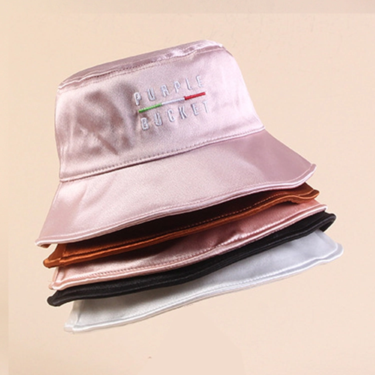 Wholesale Custom Embroidery Logo Customized Fashion Outdoor Sun Bucket Cap Summer Protect Silk Satin Colorful Fishing for Man Women Luxury Silk Bucket Cap Hat