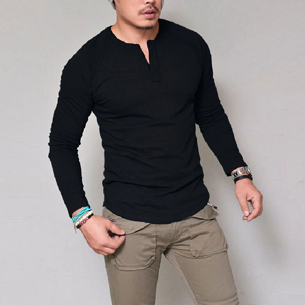 Free Shipping Men&prime;s Muscle Slim Henley Shirts Crewneck Longline T Shirt Tees with Button