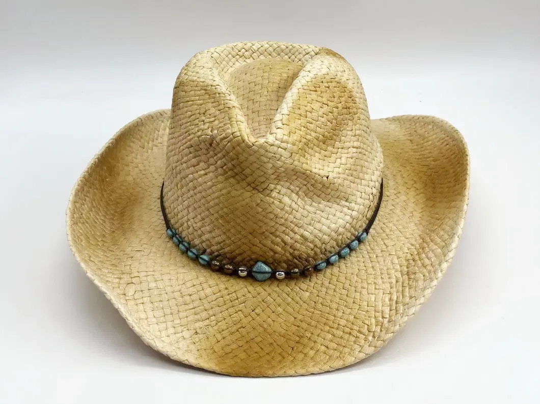 Paper Straw Hat Cowboy Adult Man Summer Sunshade Hat Paint Color with Decoration Strings