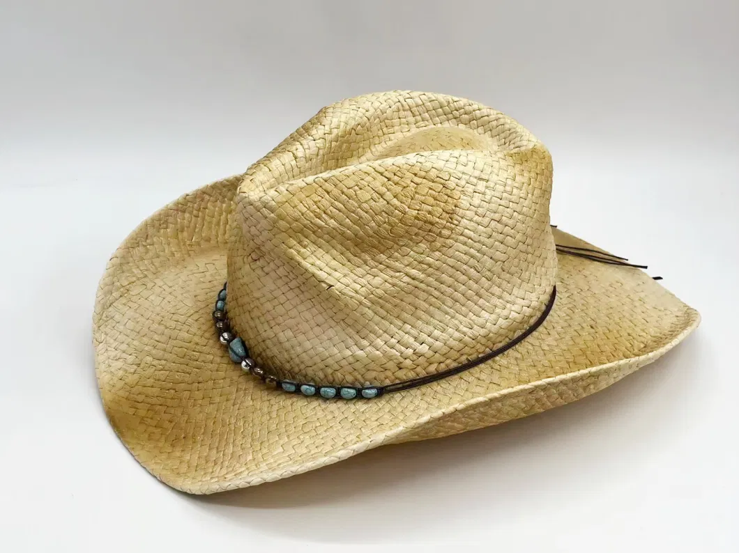 Paper Straw Hat Cowboy Adult Man Summer Sunshade Hat Paint Color with Decoration Strings