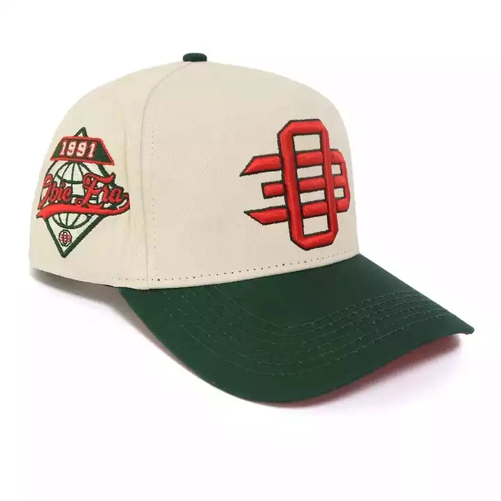 Custom Logo High Quality 5 Panel 3D Embroidery Patch Baseball Hat Sports Caps Two Tone Cream and Forest Green Hats