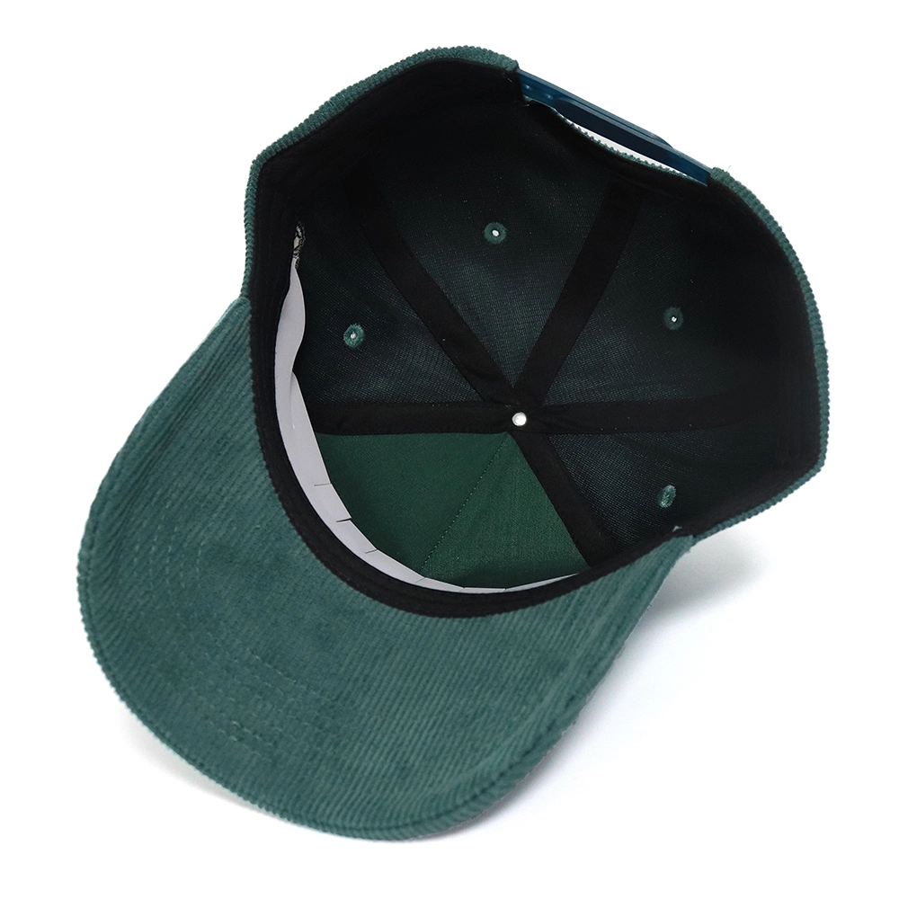 New Design Green Corduroy Snap Back Plastic Closure 5 Panel Custom Baseball Cap with Embroidery Logo