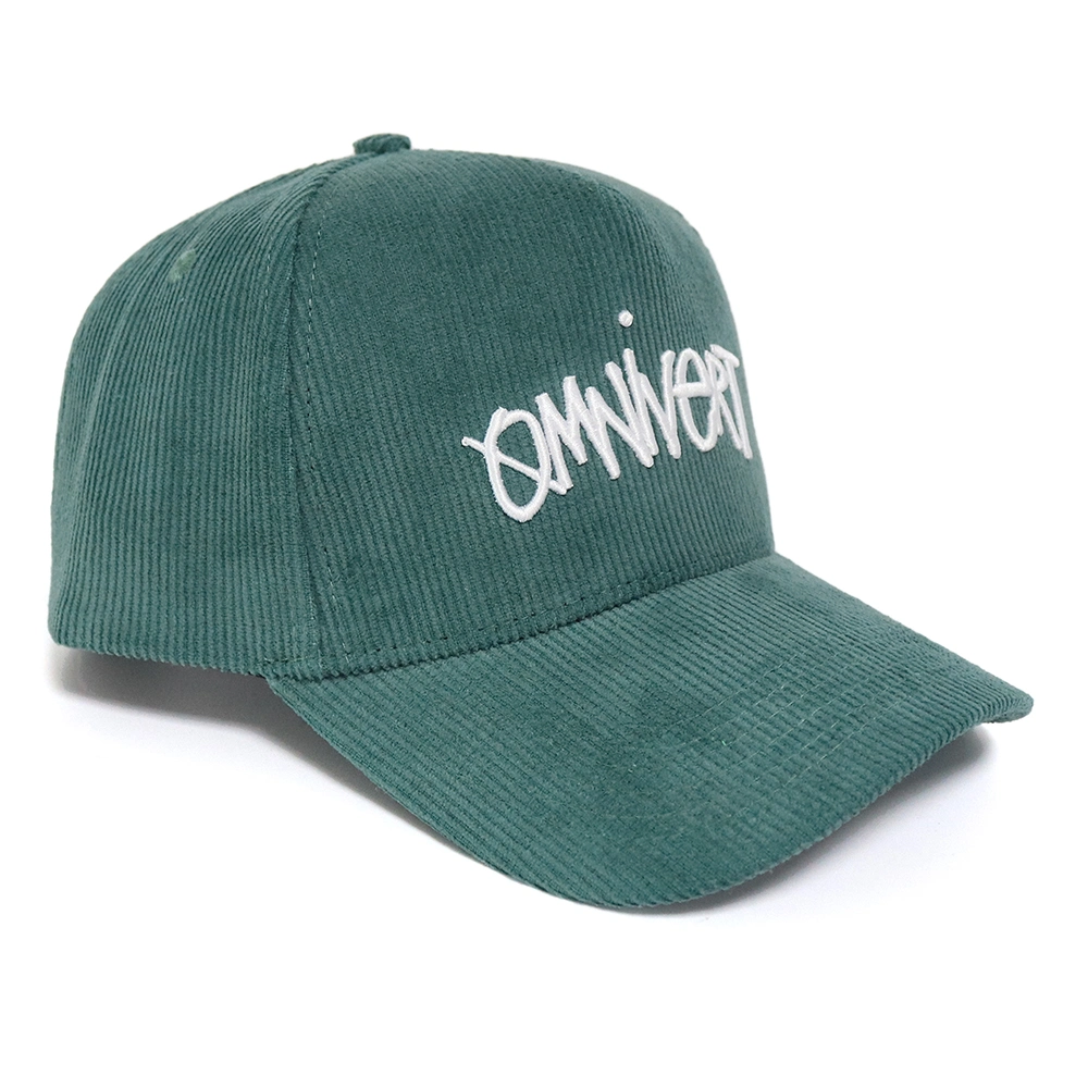 New Design Green Corduroy Snap Back Plastic Closure 5 Panel Custom Baseball Cap with Embroidery Logo