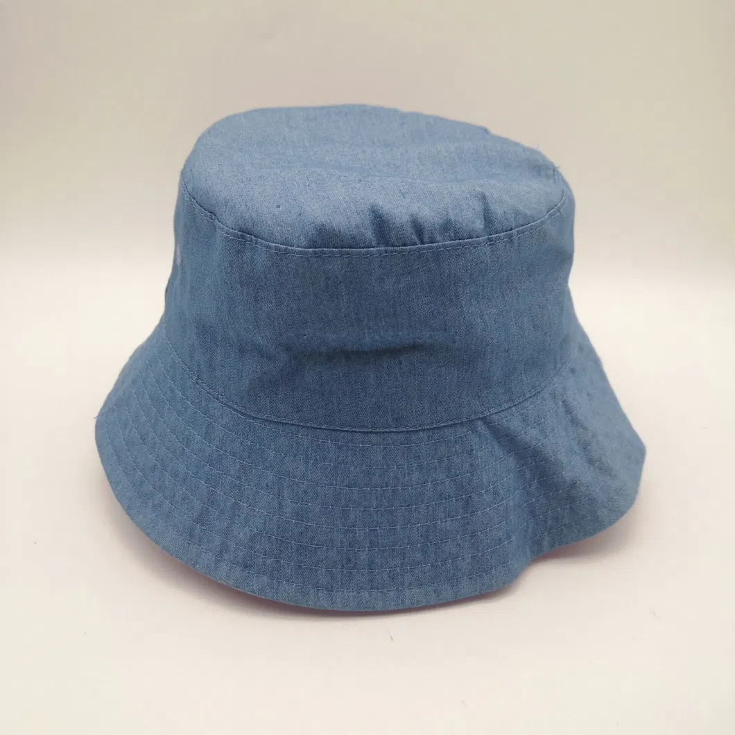 Denim and Pink Cap Reversible Inner Layer Embroidered Holes Bucket Hat