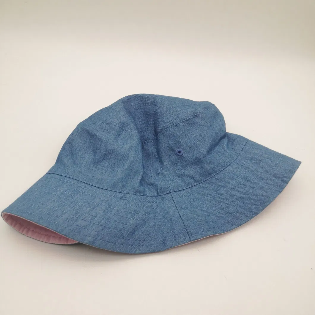 Denim and Pink Cap Reversible Inner Layer Embroidered Holes Bucket Hat