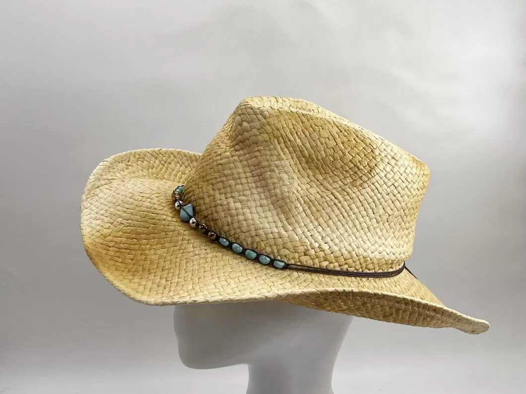 Paper Straw Hat Cowboy Adult Man Summer Sunshade Hat Paint Color with Decoration Strings