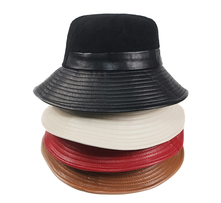 Corduroy PU Leather Stitched Bucket Hat