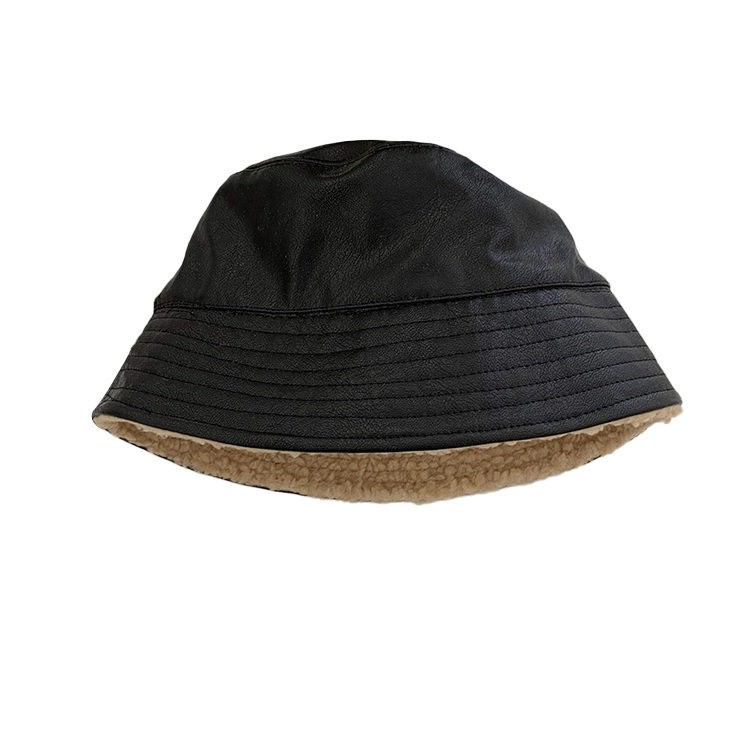 Wholesale Manufacturer Custom Double Sides Leather Lambswool Winter Warm Unisex Bucket Hat Fisherman Hat