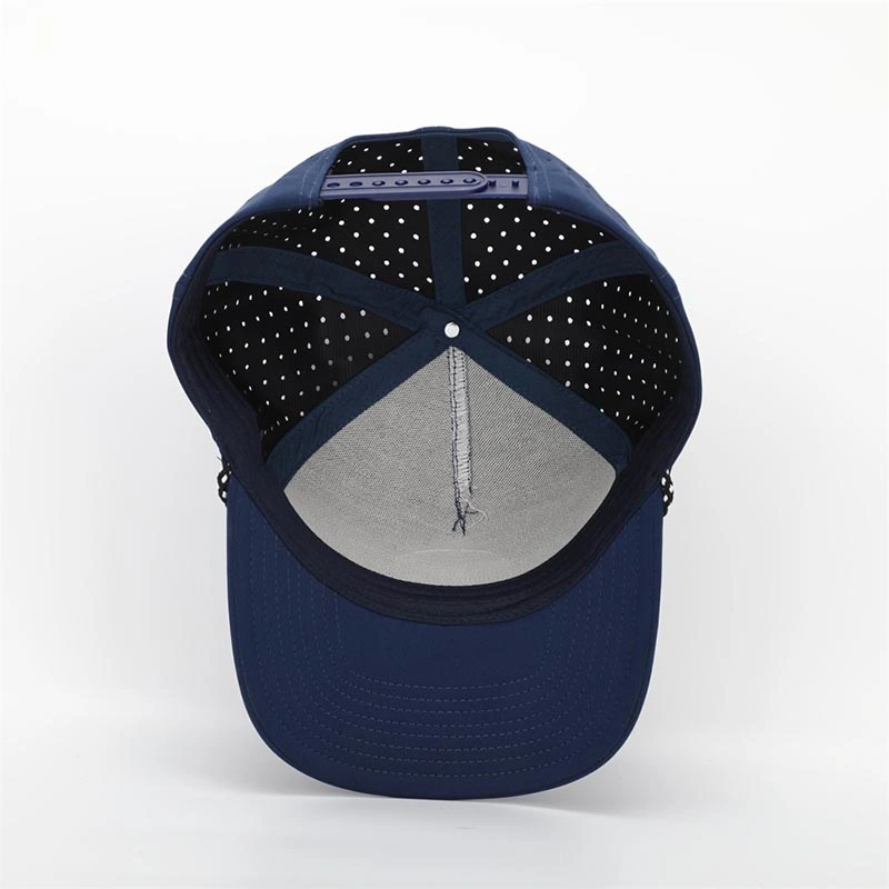 Fashion Custom Sports 5 Panel Rubber PVC Logo Rope Baseball Cap, Waterproof Laser Cut Drilled Hole Perforated Hat, Curved Brim Navy Blue Dad Hat