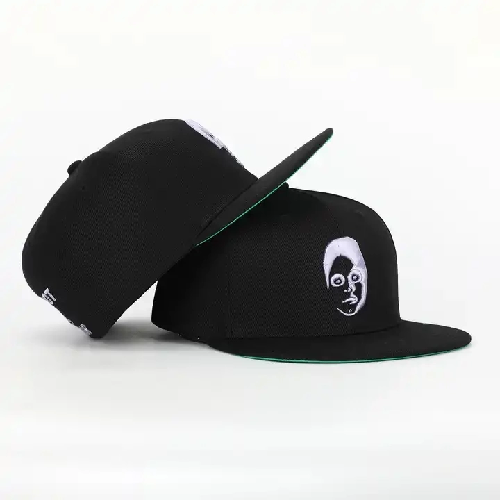 Custom 6 Panel Black Closed Back Flex Fit Gorras Cap Fitted Hat 3D Embroidery Logo Green Underbrim Hip Hop Snapback Cap