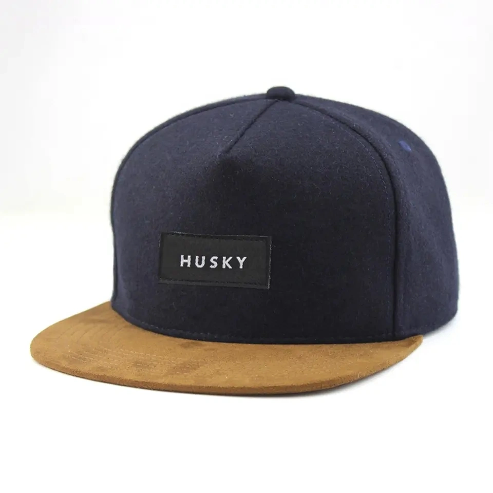 Wholesale OEM Wool Material Suede Brim Baseball Cap Private Woven Label Leather Closure Men 5 Panels High Profile Cotton Men Snapback Caps Footy Players Hats