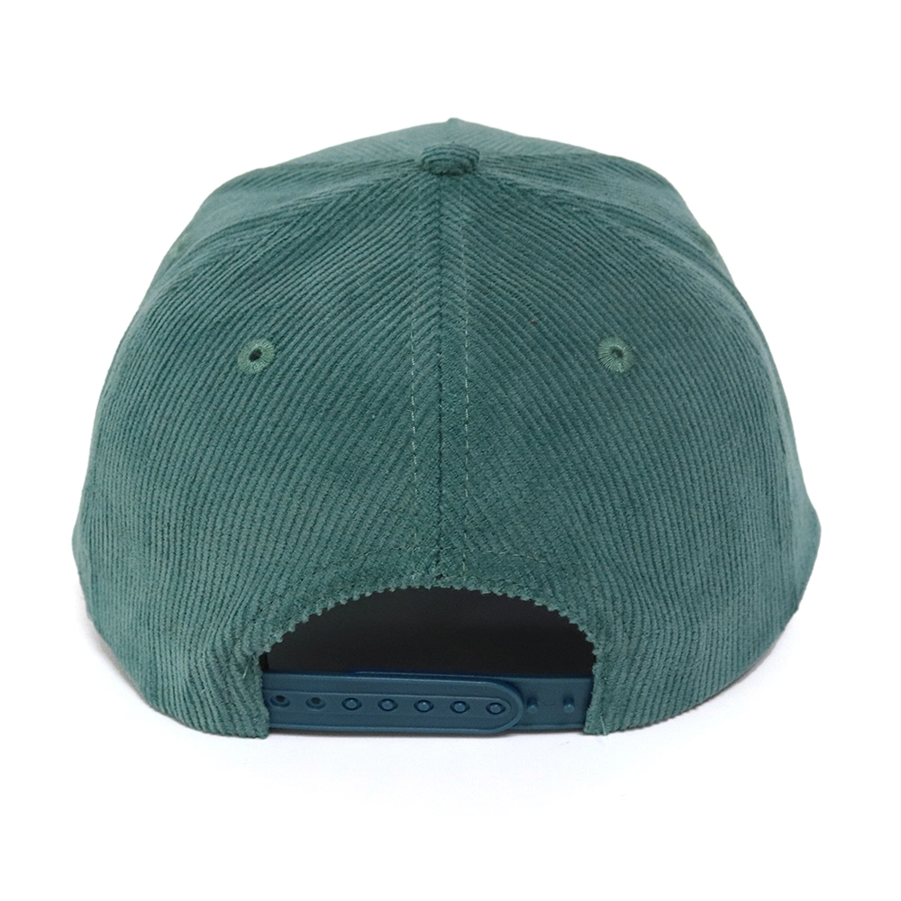 New Design Green Corduroy Snap Back Plastic Closure 5 Panel Custom Baseball Cap with Embroidery Logo