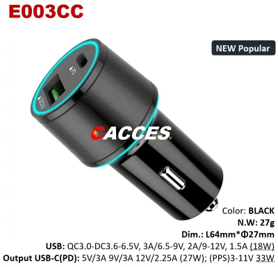 Cacces USB18W 36W QC3.0 Pd/Type C 27W Quick LED Car Charger 12-24V 3.0A Dual CE/Rosh/FCC USB Charger Quick Charge Mobile Phone Charger Cigarette Lighter Socket