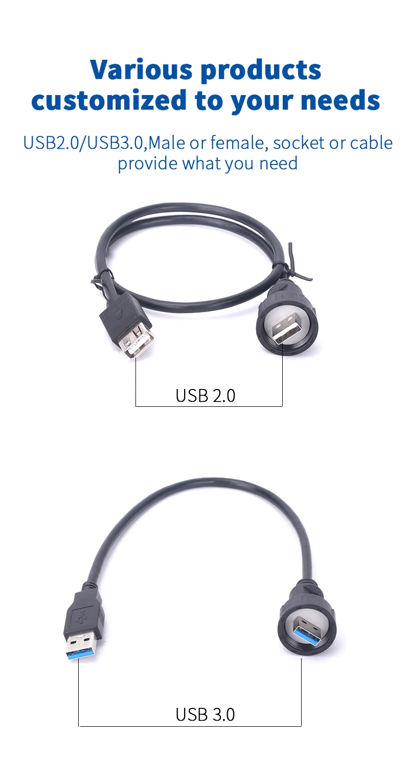 Customized Wire Length Type a Panel Mount Dual USB2.0 Port Connector