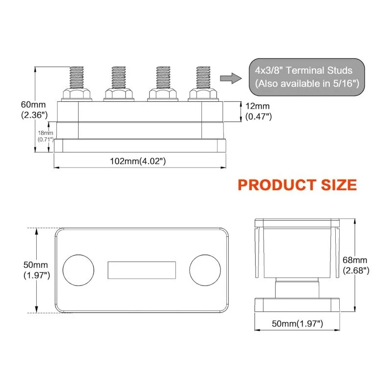 Marine Battery Ground Distribution Block DC 12-48V with Cover 600A 4 Stud (3/8&quot;) M10 Terminal Block Copper Bus Bar