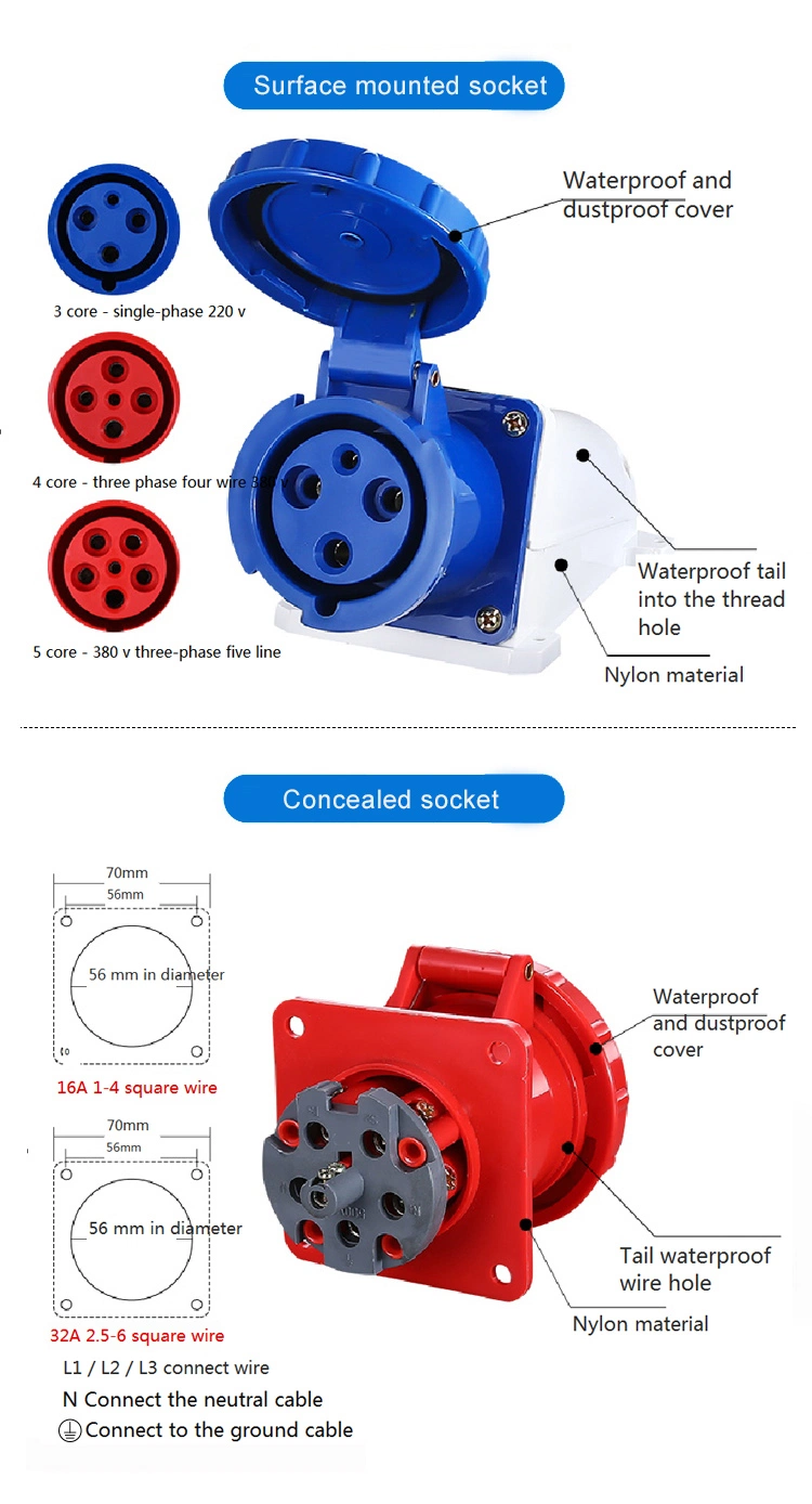 Waterproof and Dust-Proof 16 AMP 32 63AMP 125AMP Plug Female Industrial Connectors