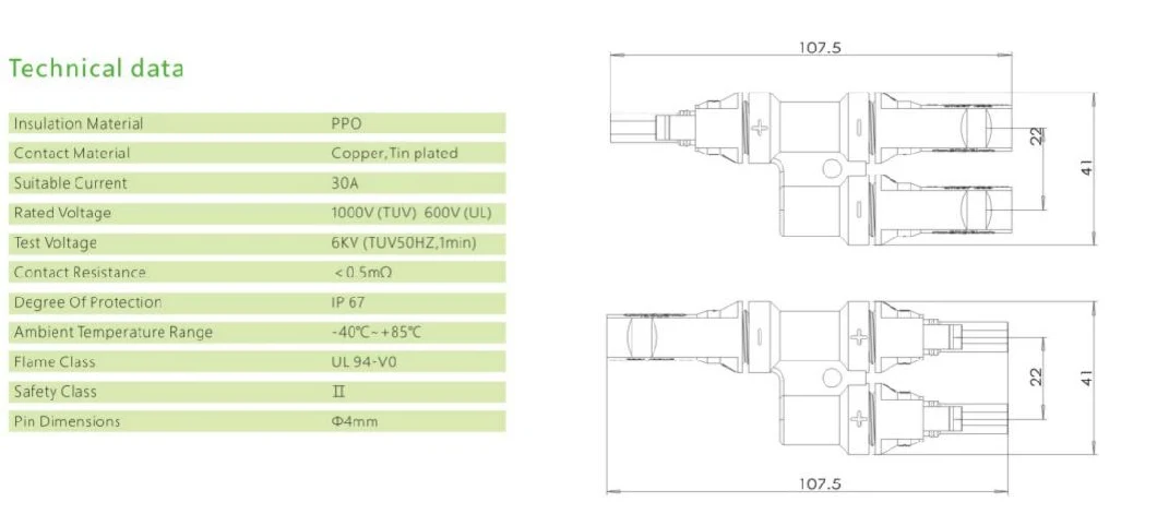 Power Mc4 Dustproof Solar Cable T Branch PV Solar Connector