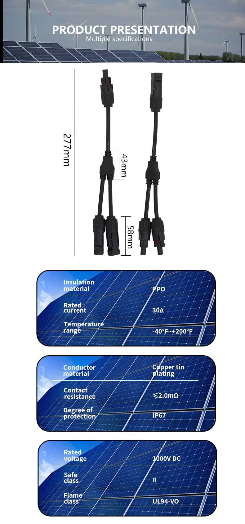 Mc4 1000V IP67 Male Female PV Waterproof Solar Panel Cable Connector 30A 45A Mc4 Wire Solar Connector