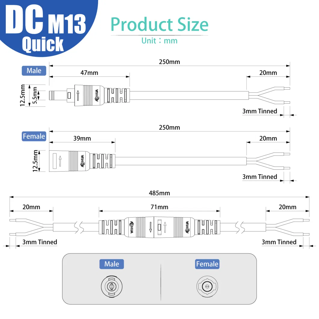 Factory Direct Sales M13 DC Quick Lock Connector Pre-Wire Male&Female Socket/Plug with 20/22/24AWG Cable 2pin Signal Power Connector for Car/Camera Equipment