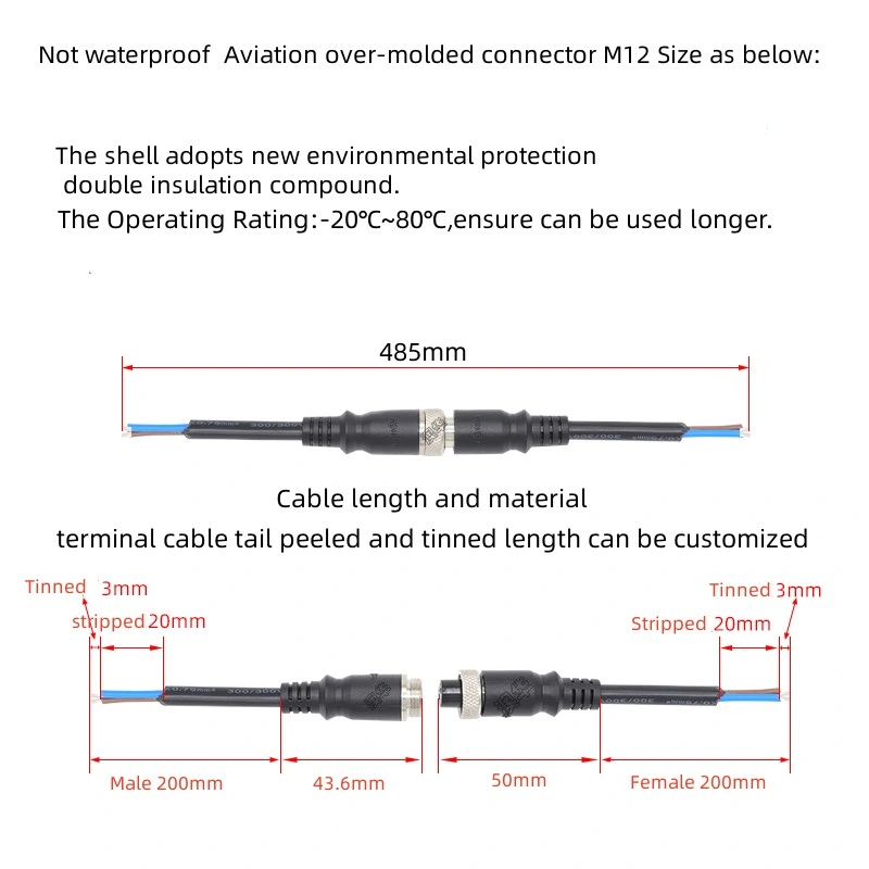 Universal Gx12 Aviation Connector 2pin Electrical Male Female Plug with 0.5mm Sqm 20AWG PVC Cable Pre-Wire Male Female Extension Cord for Car Vdr Monitoring