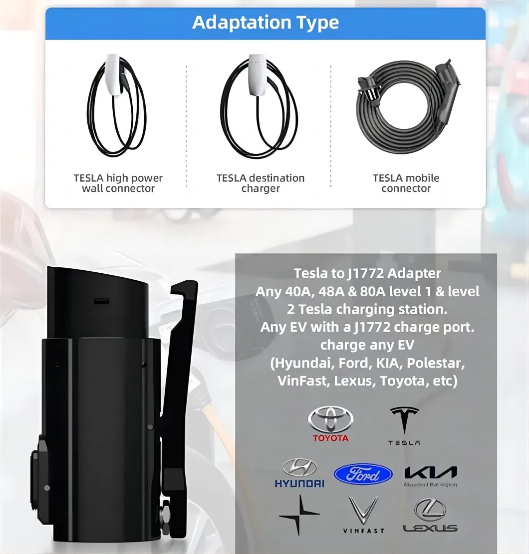 Portable AC Electric Vehicle Type1 Type 2 Gbt 80A Adapter Tesla to J1772 Type1 High Speed Charging with Lock 80A 20kw Car Charging Connector 110V 250V