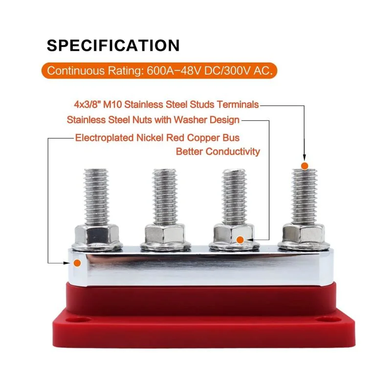 Marine Battery Ground Distribution Block DC 12-48V with Cover 600A 4 Stud (3/8&quot;) M10 Terminal Block Copper Bus Bar