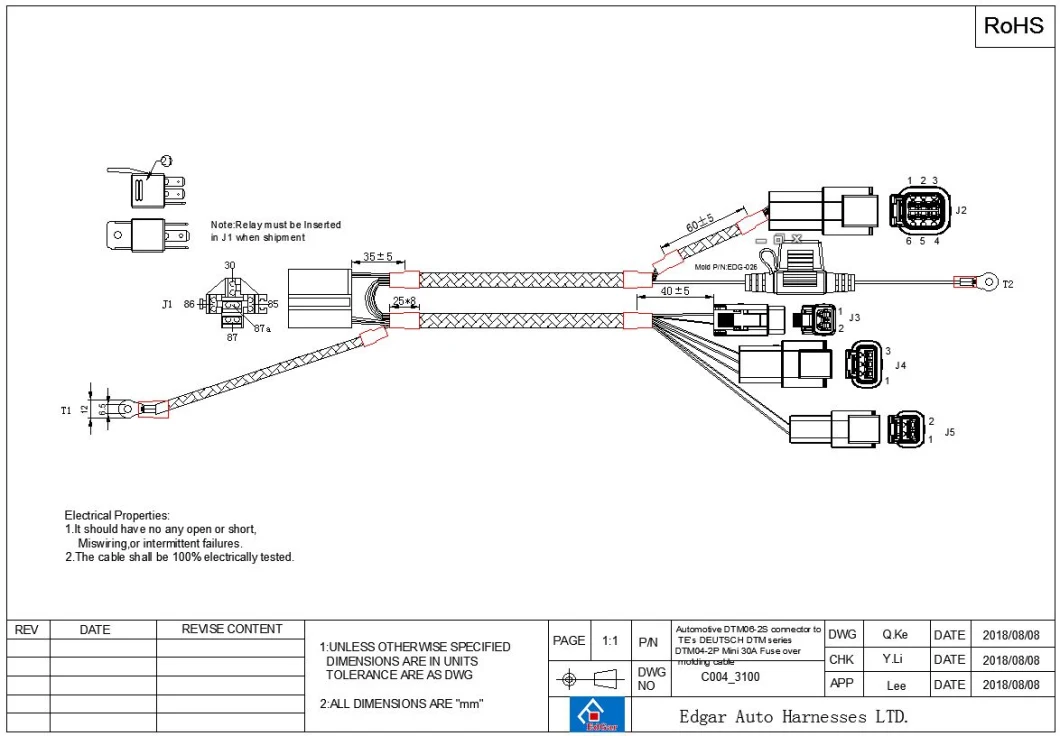 Automotive Dtm06-2s Connector to Te&prime;s Deutsch Dtm04-2p Mini 30A Fuse Over Molding Cable