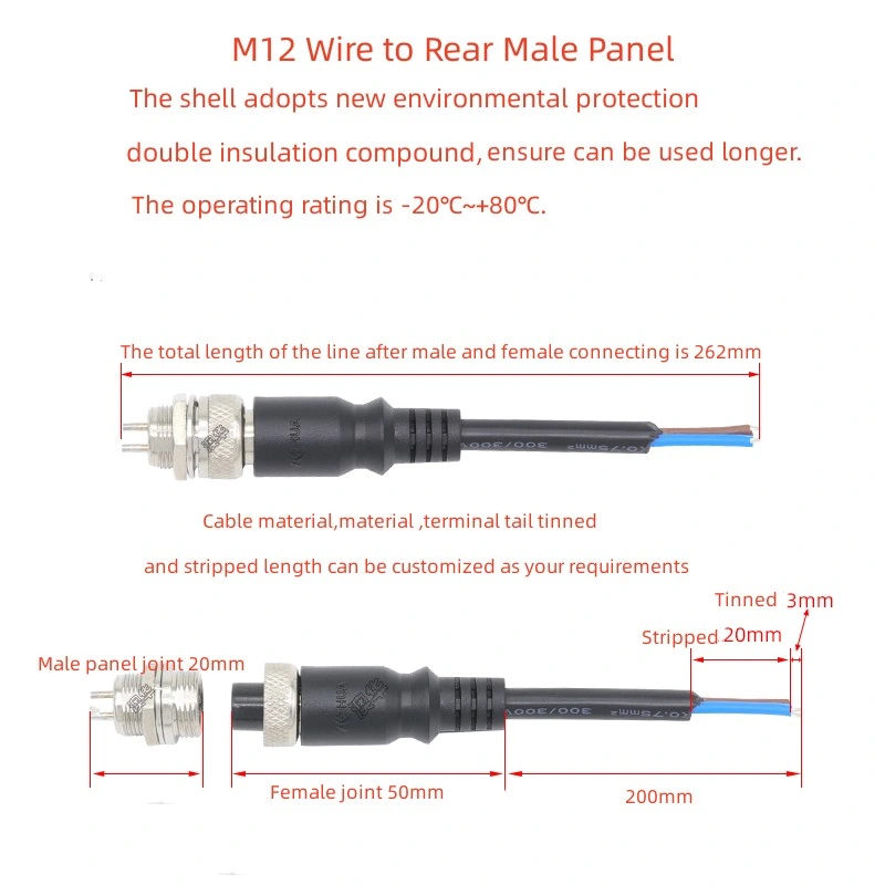 Universal Gx12 Aviation Connector 2pin Electrical Male Female Plug with 0.5mm Sqm 20AWG PVC Cable Pre-Wire Male Female Extension Cord for Car Vdr Monitoring