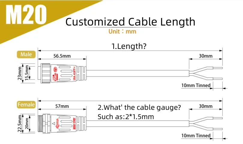 Solar Power System Cable Layout Solution M20 3pin Pre-Wired Male Female Power Cable Connector IP67 LED Lighting Connector