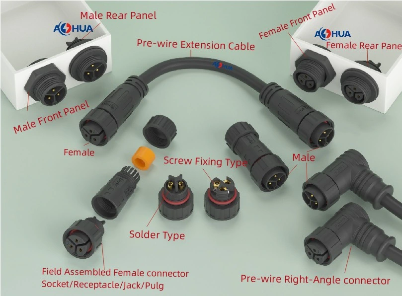 Solar Power System Cable Layout Solution M20 3pin Pre-Wired Male Female Power Cable Connector IP67 LED Lighting Connector