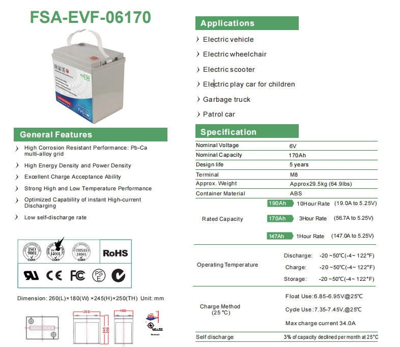 Firsola Evf 06170 6V 170ah M8 Terminal Customized Lead Acid Battery AGM Batteries for Electric Vehicle