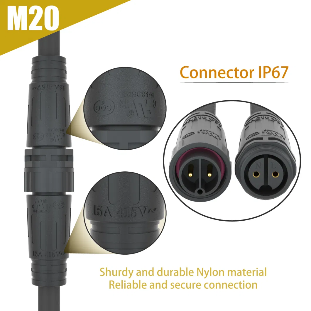 Solar Power System Cable Layout Solution M20 3pin Pre-Wired Male Female Power Cable Connector IP67 LED Lighting Connector