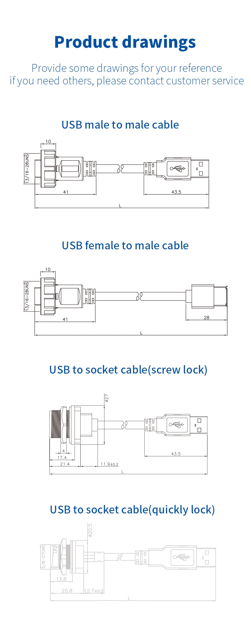 Custom Screw Lock Female Type C Panel Mount Waterproof Connector with Wire