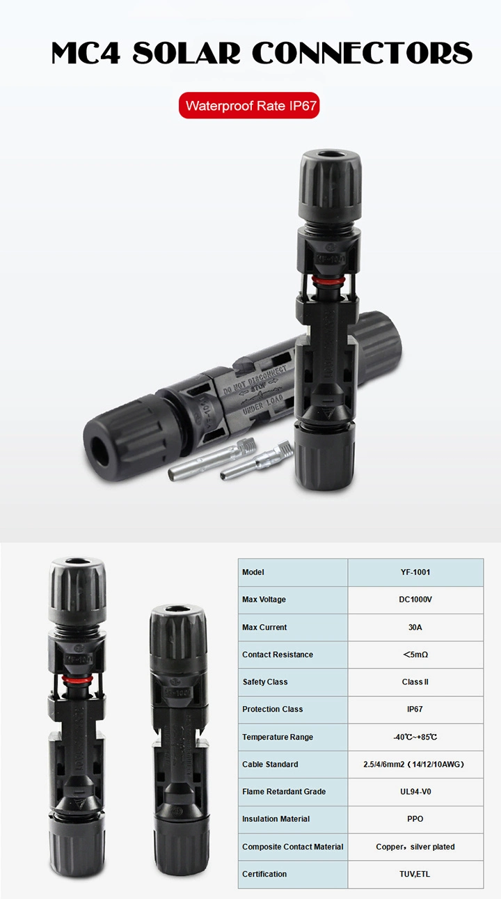 Mc4 Connector Solar Cable Connector 2.5/4/6 mm2 14-10AWG 1500V 30A Locking Type Copper Tin Plated Nova Factory OEM