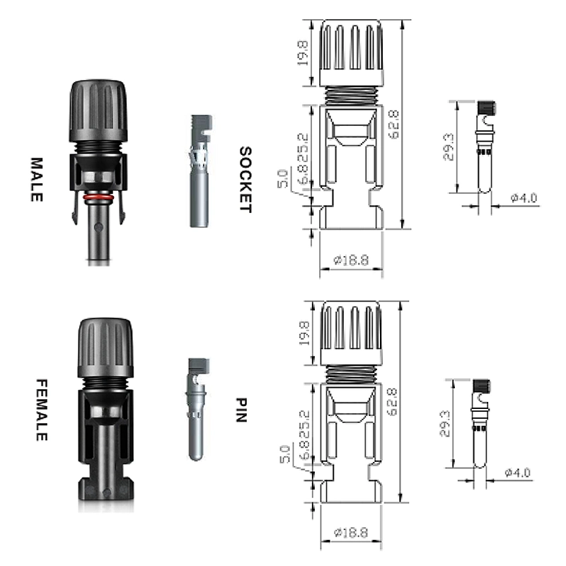 Mc4 Connector Solar Cable Connector 2.5/4/6 mm2 14-10AWG 1500V 30A Locking Type Copper Tin Plated Nova Factory OEM