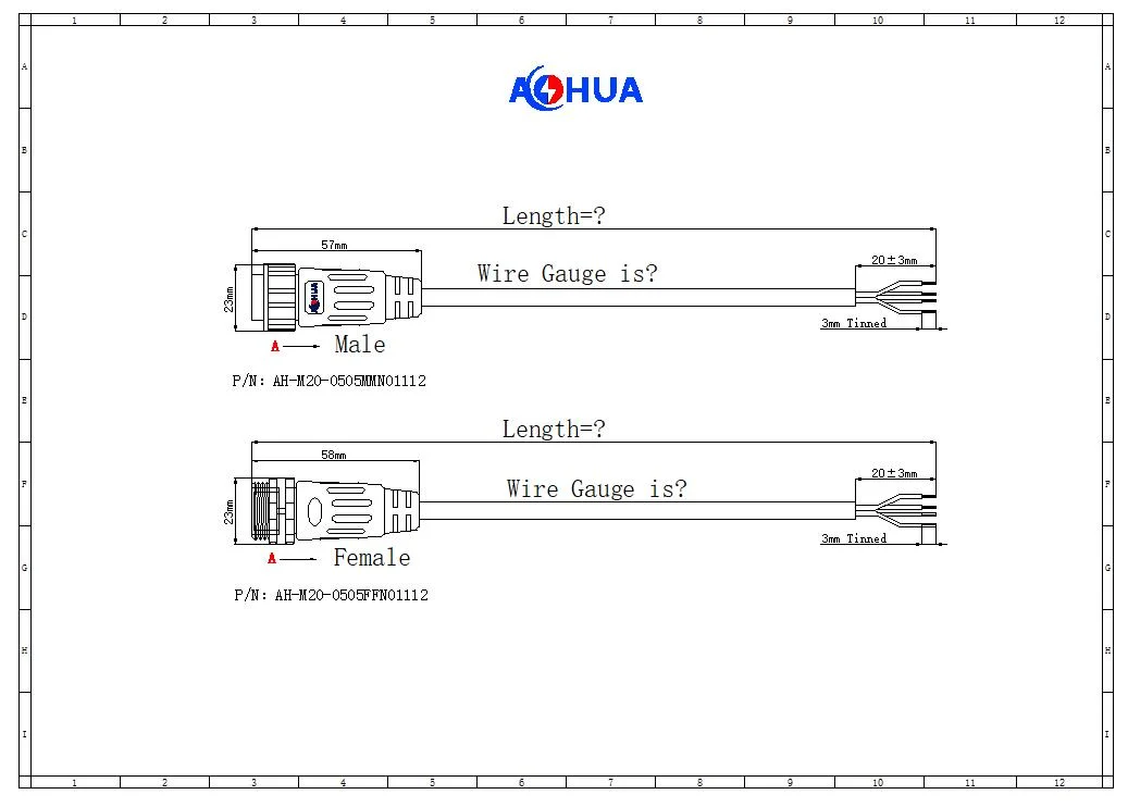 Aohua IP67 Circular Power Signal Connector M20 Pre-Molded Male and Female Docking 5pin Threaded Connector Solar Streetlight Elecrical Wire Connector