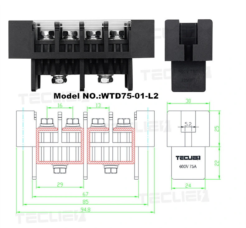 40A 75A 100A 180A 300A Feed Through Type Barrier Terminal Block Custom