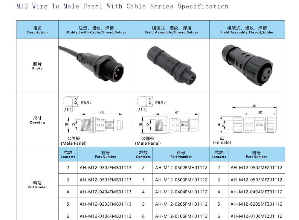 M12 2 Pin IP65 Car Electrical Male Panel Mount Female in Line Connector