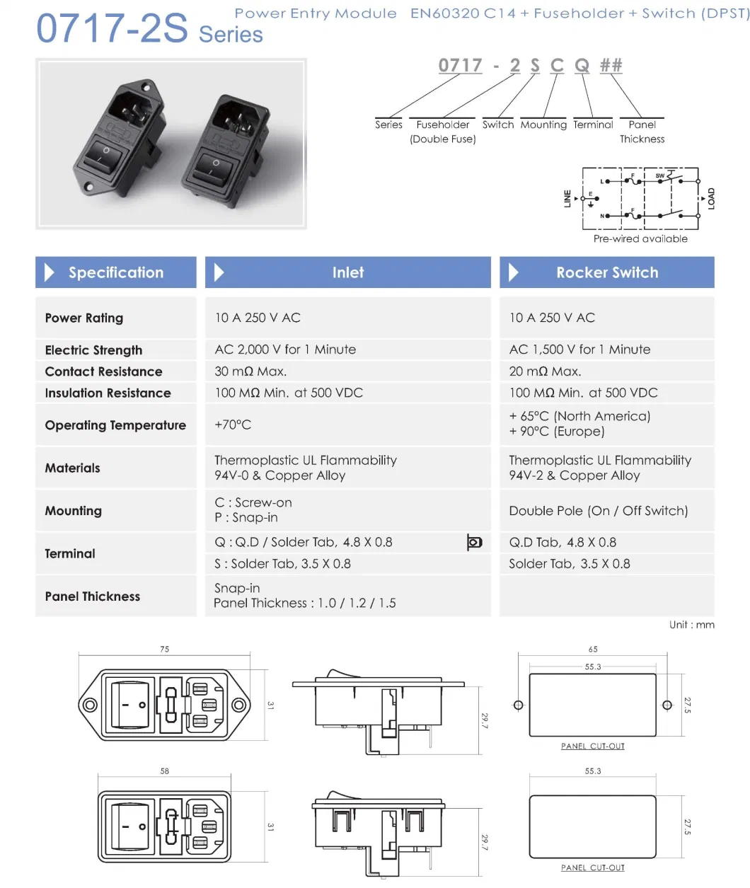 C14 AC Electrical Inlet Outlet Plug Auto Parts Power Connector Sockets with Switch Double Fuse