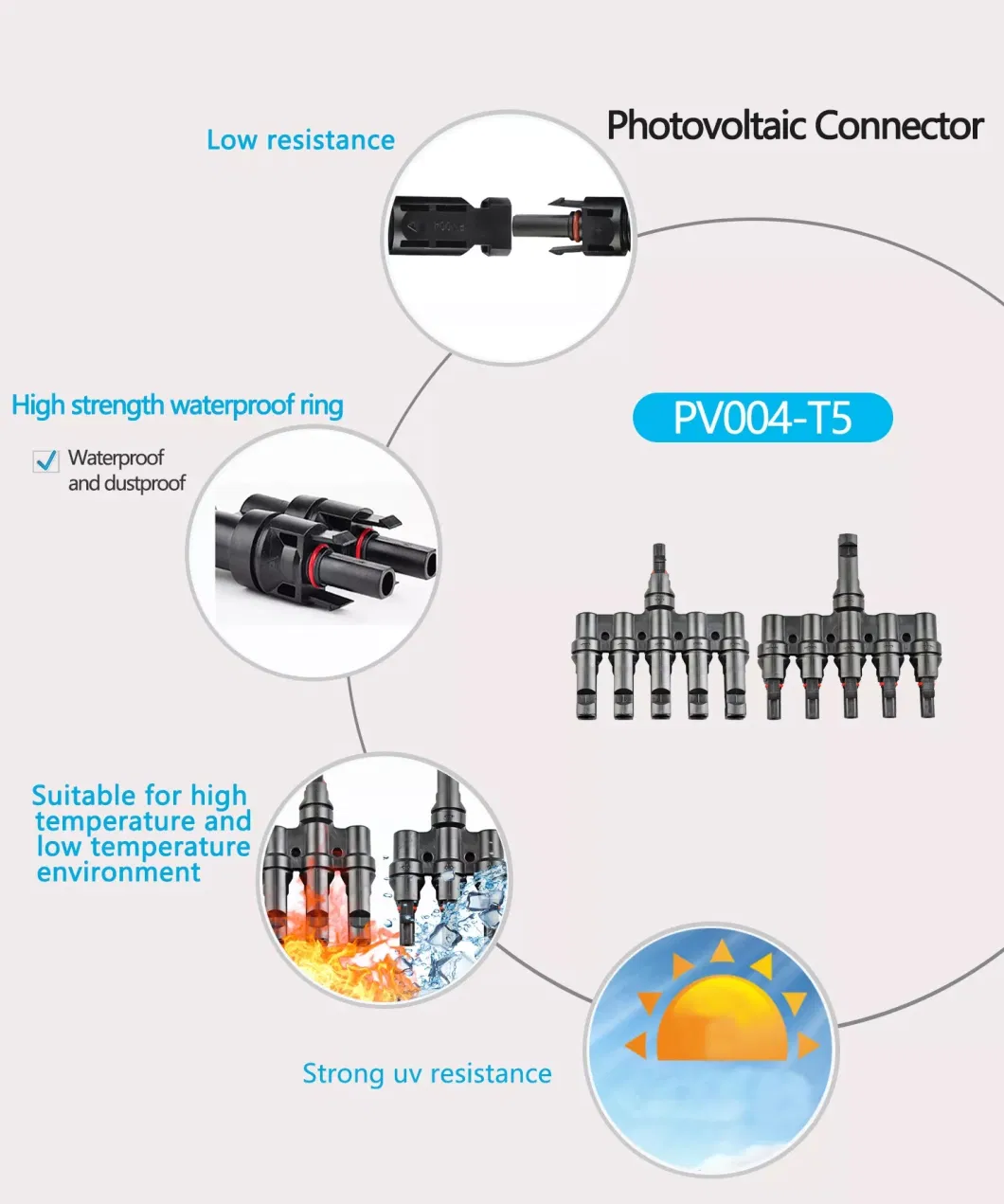 Solar PV Connectors Electric Photovoltaic Female Male 4 to 1 T Type Branch Wire Solar Cable Connector