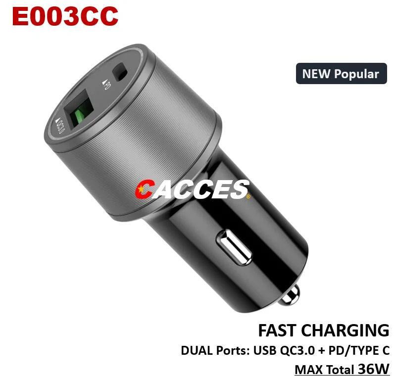 Cacces USB18W 36W QC3.0 Pd/Type C 27W Quick LED Car Charger 12-24V 3.0A Dual CE/Rosh/FCC USB Charger Quick Charge Mobile Phone Charger Cigarette Lighter Socket