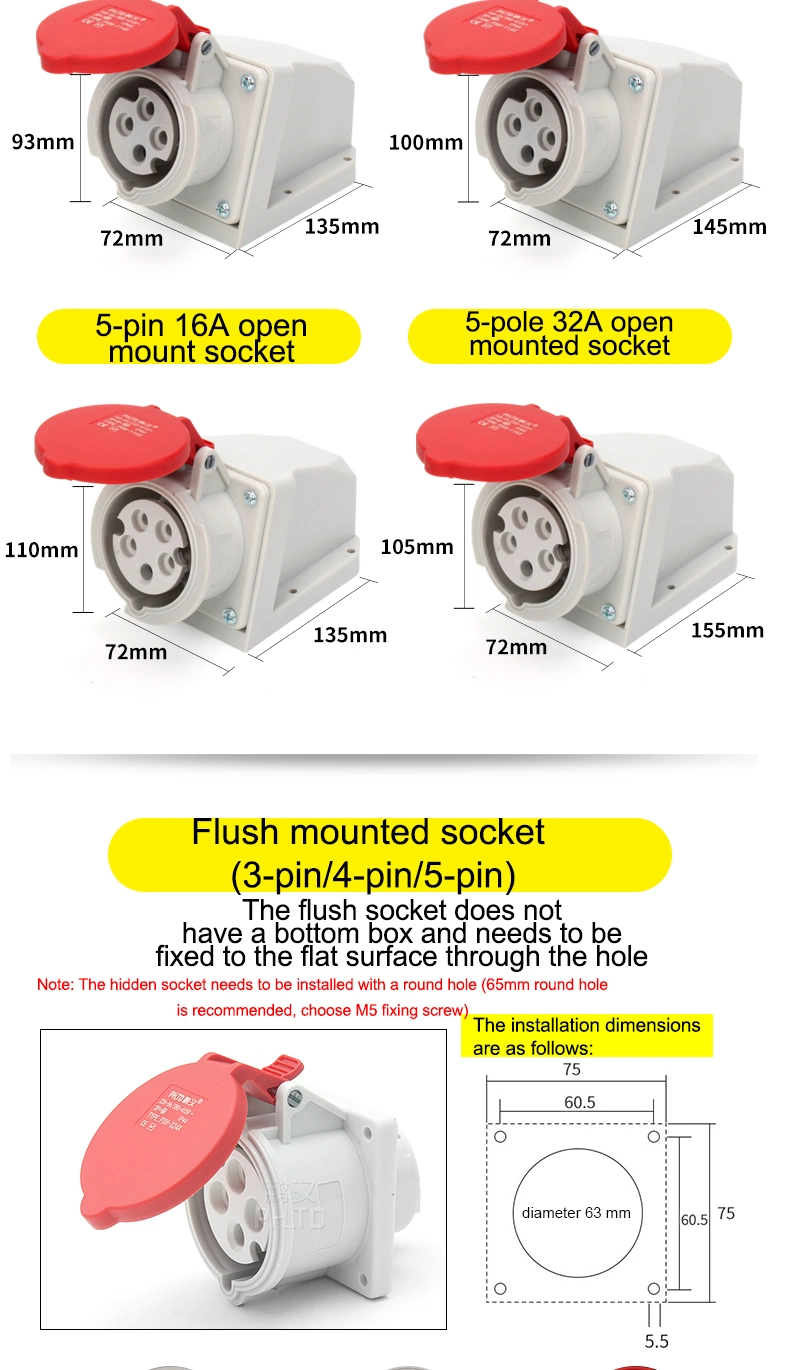 IP44 3/4/5pin Current Ampere 32A 110V 230V 400V Industrial Plug